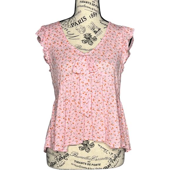 Kingston Grey X-SMALL Juniors Pink Floral Ruffle Sleeve V Neck Box Detail Top - Picture 1 of 10